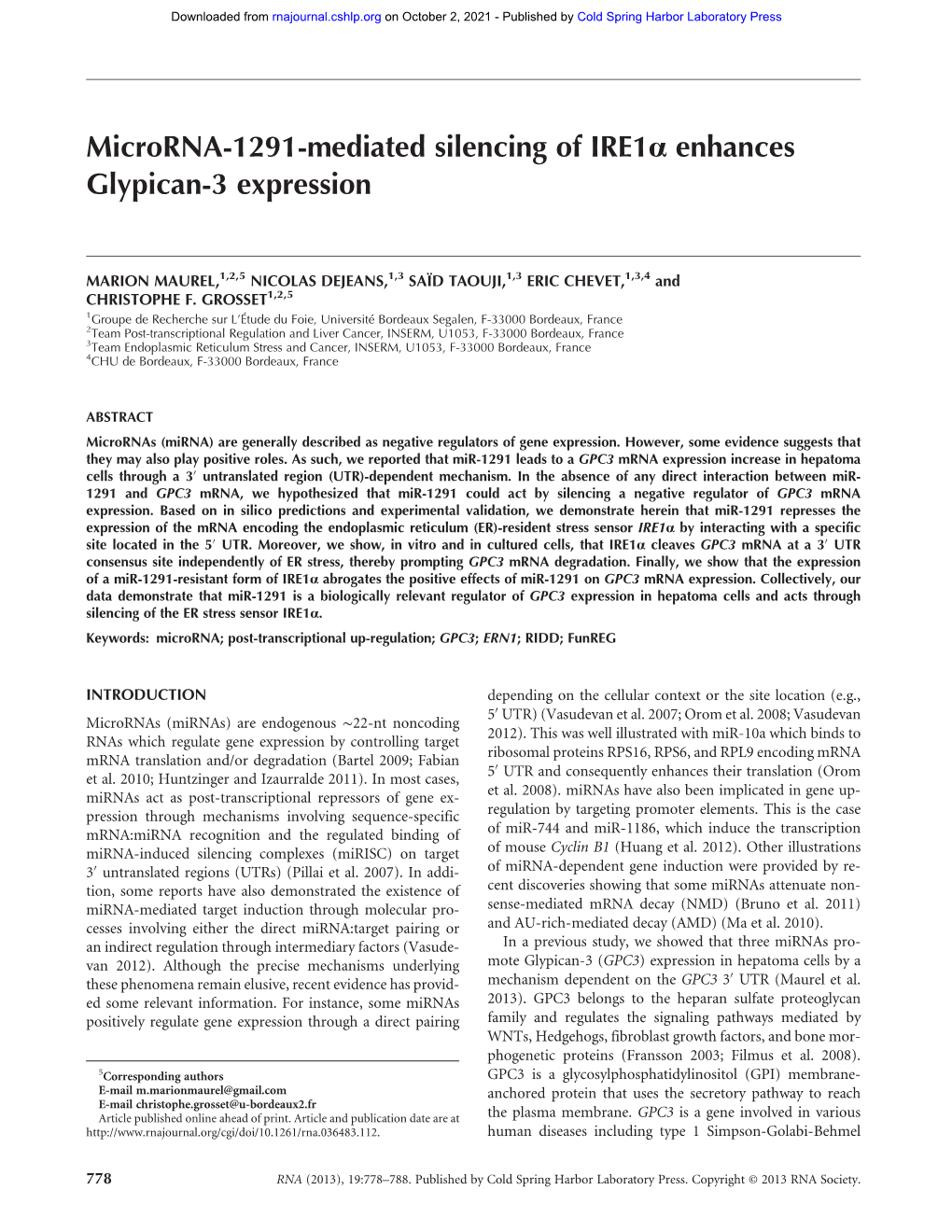 Microrna-1291-Mediated Silencing of Ire1α Enhances Glypican-3 Expression