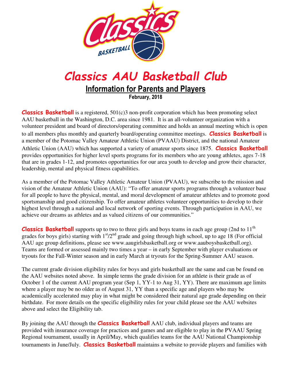 Classics AAU Basketball Club Information for Parents and Players February, 2018
