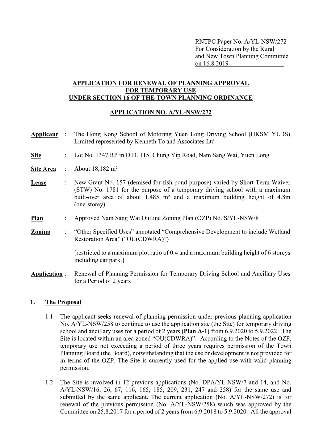 RNTPC Paper No. A/YL-NSW/272 for Consideration by the Rural and New Town Planning Committee on 16.8.2019