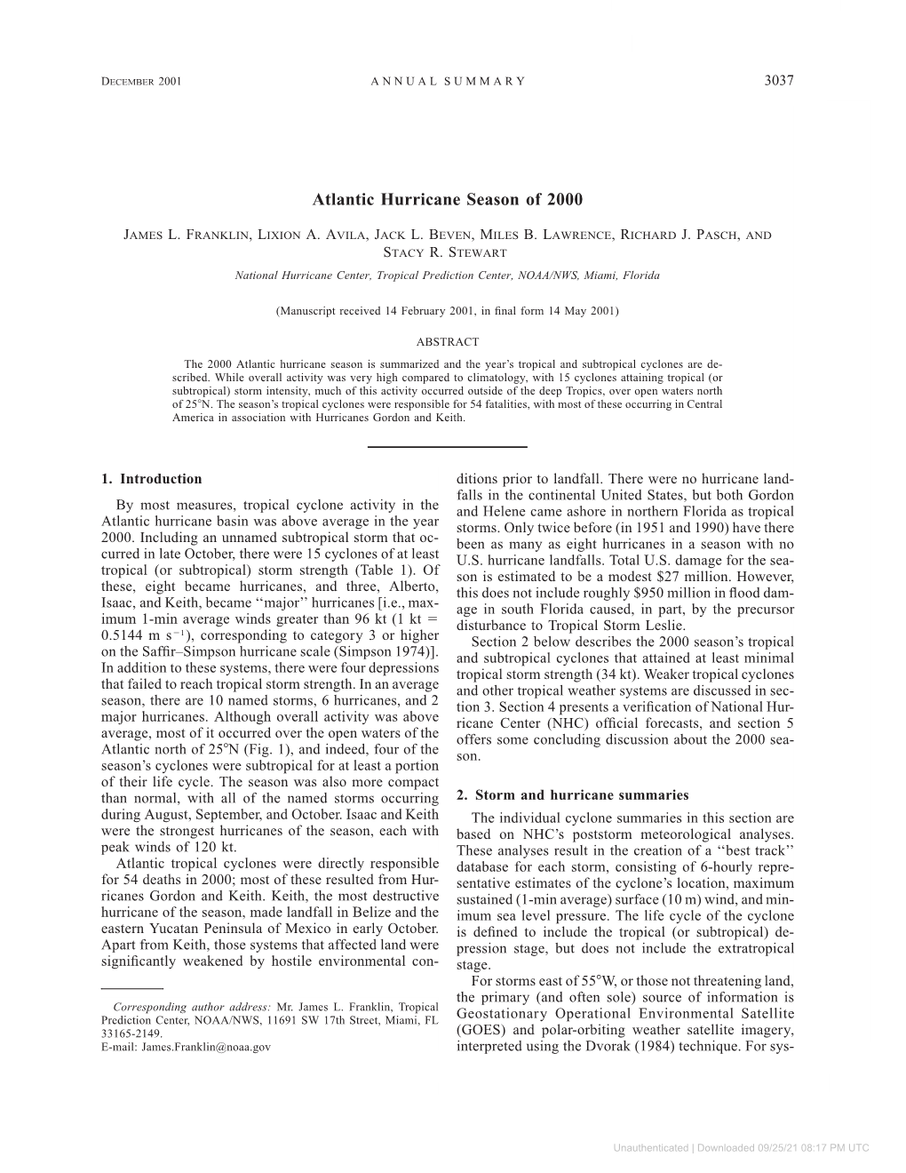 Atlantic Hurricane Season of 2000