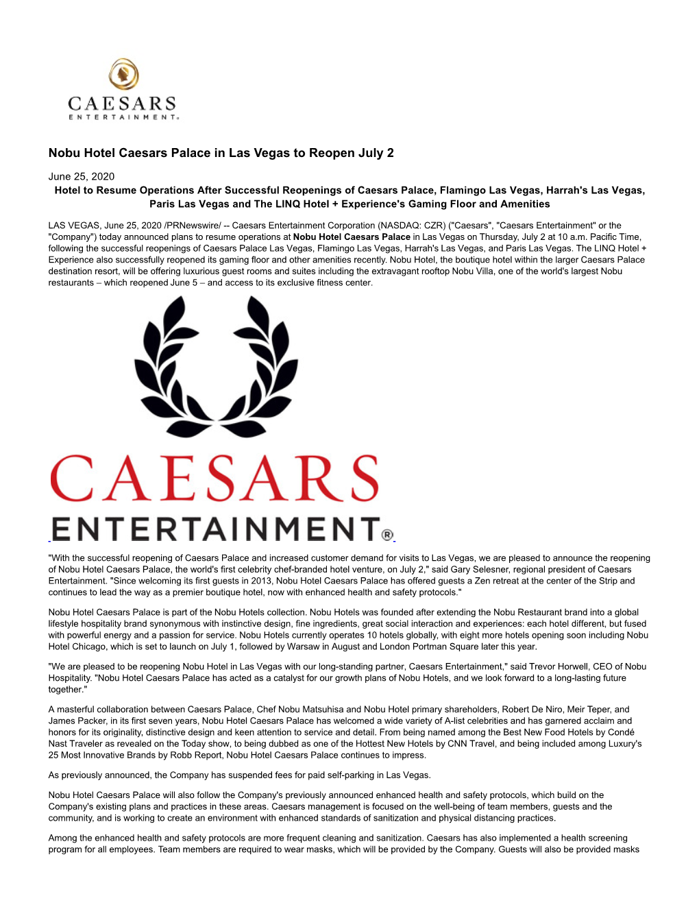 Nobu Hotel Caesars Palace in Las Vegas to Reopen July 2