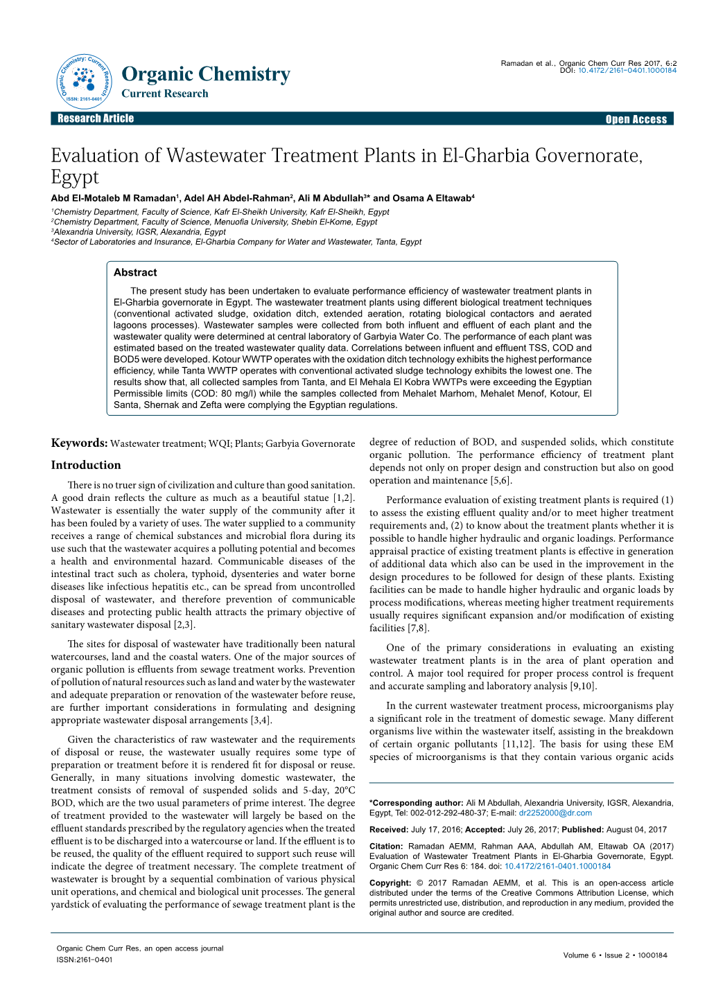 Evaluation of Wastewater Treatment Plants in El-Gharbia Governorate