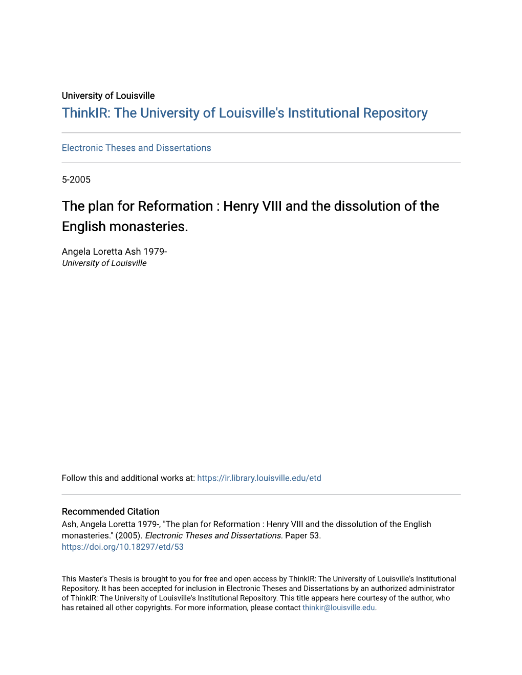 The Plan for Reformation : Henry VIII and the Dissolution of the English Monasteries