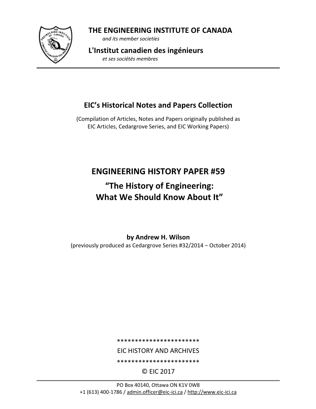 ENGINEERING HISTORY PAPER #59 “The History of Engineering: What We Should Know About It”