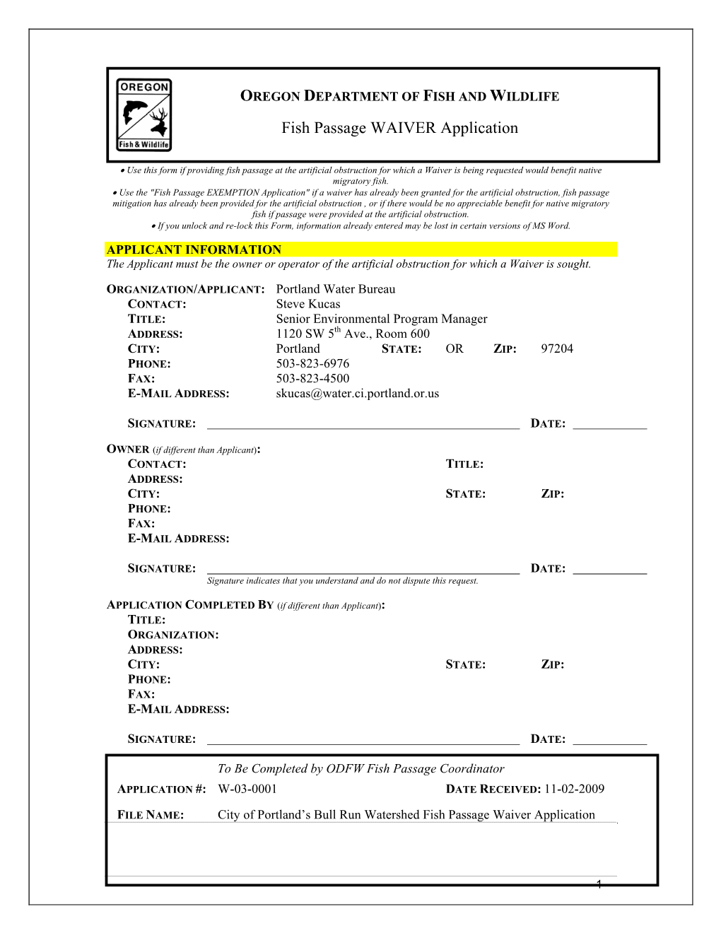 City's Fish Passage Waiver Application