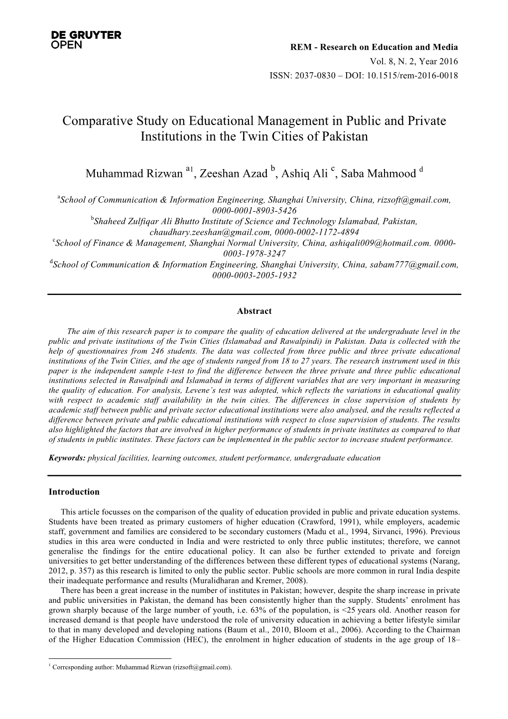 Comparative Study on Educational Management in Public and Private Institutions in the Twin Cities of Pakistan