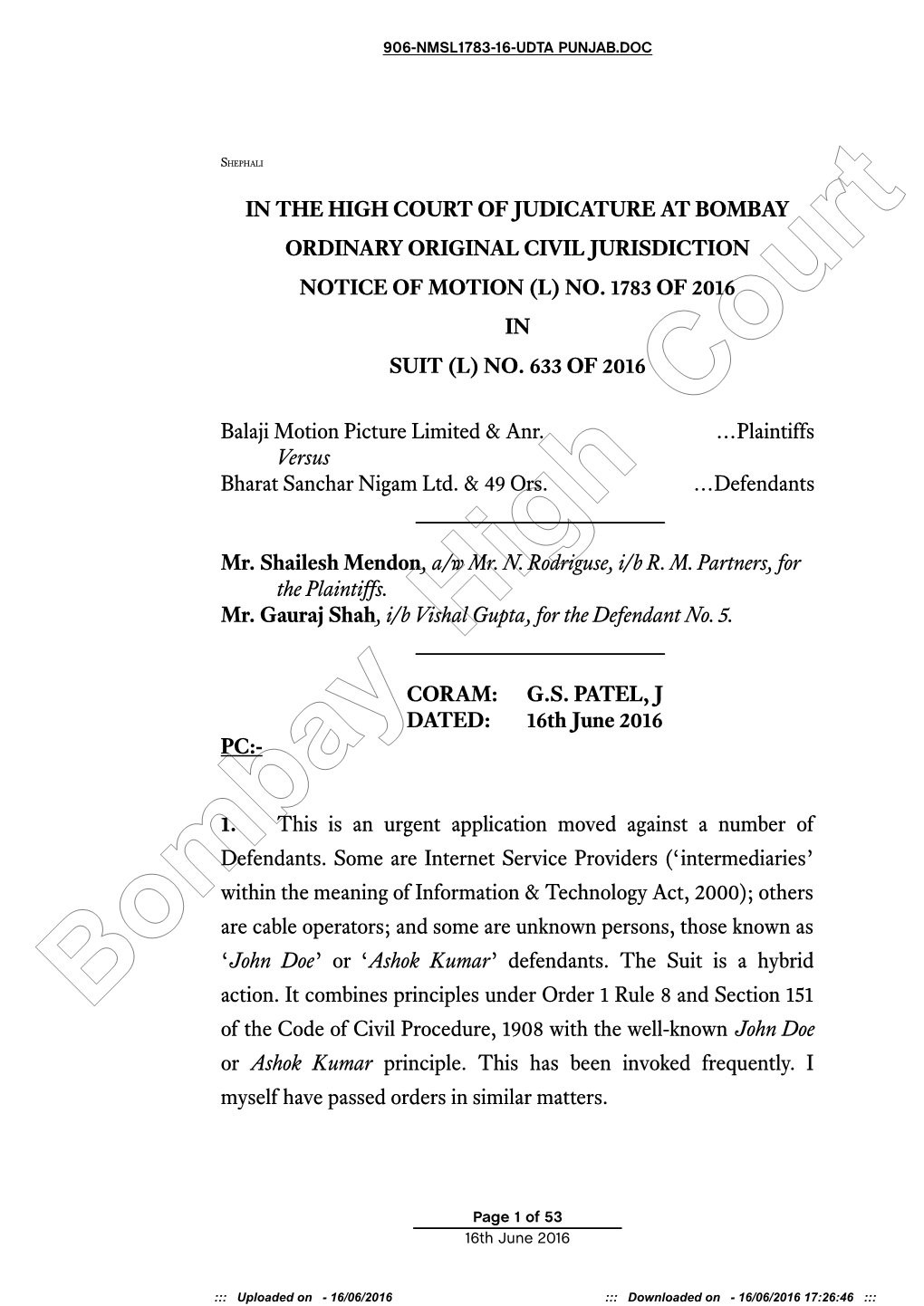 In the High Court of Judicature at Bombay Ordinary Original Civil Jurisdiction Notice of Motion (L) No