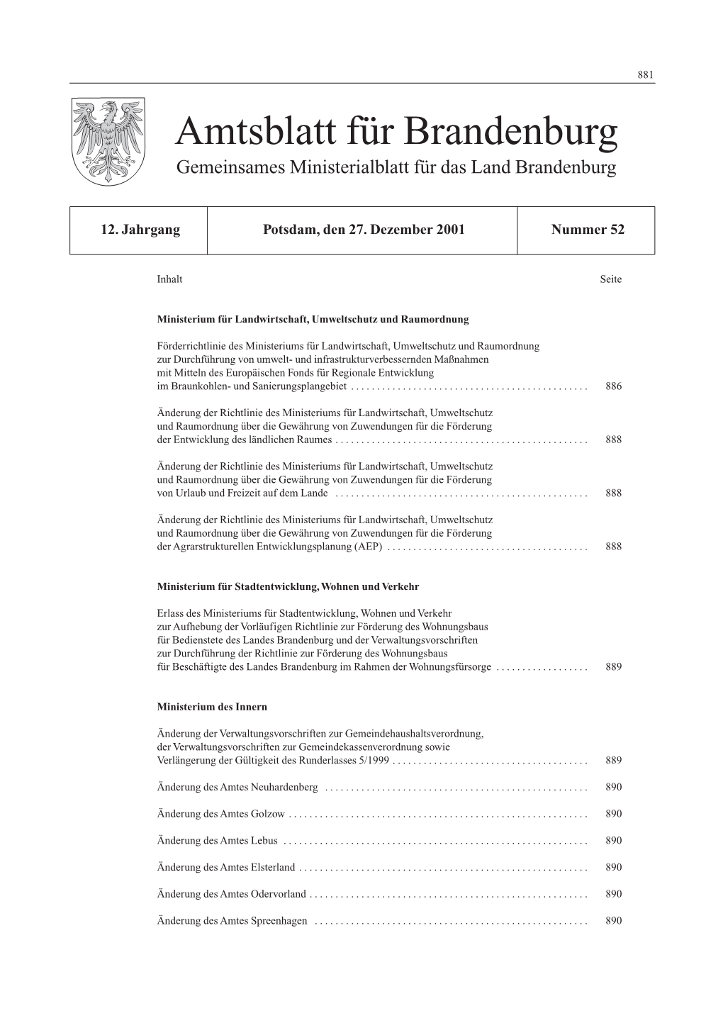 Amtsblatt Für Brandenburg, 2001, Nummer 52