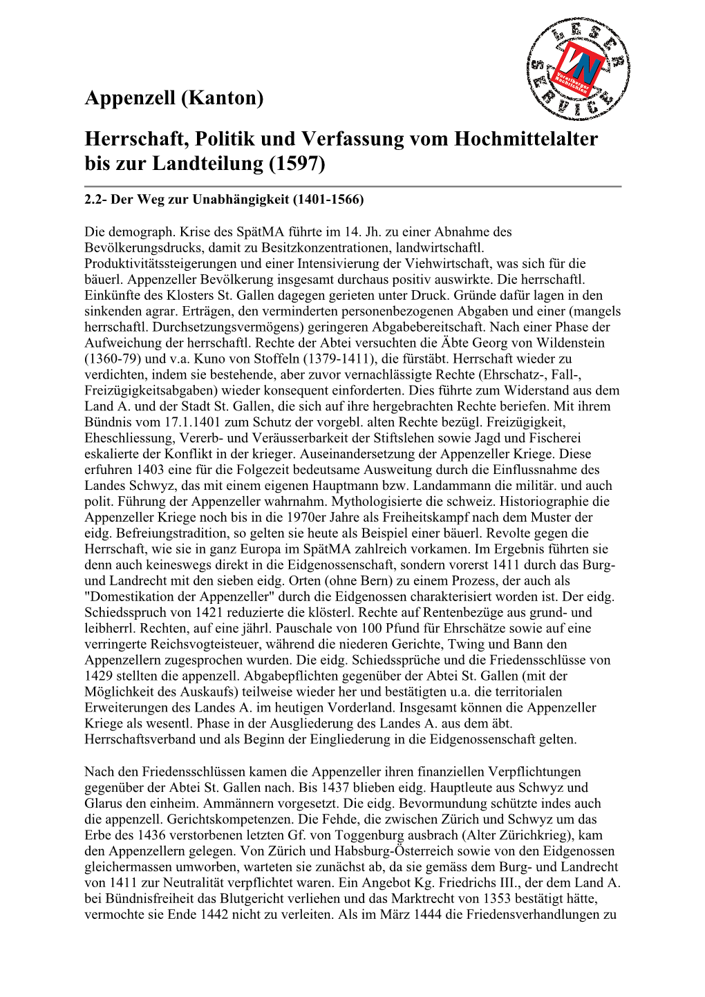 Appenzell (Kanton) Herrschaft, Politik Und Verfassung Vom Hochmittelalter Bis Zur Landteilung (1597)