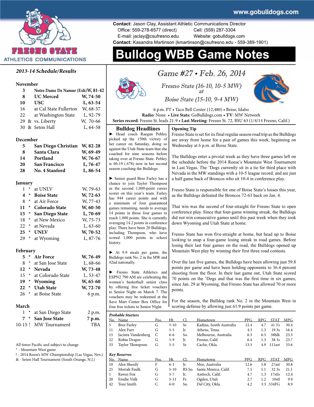 Bulldog WBB Game Notes 2013-14 Schedule/Results Game #27 • Feb