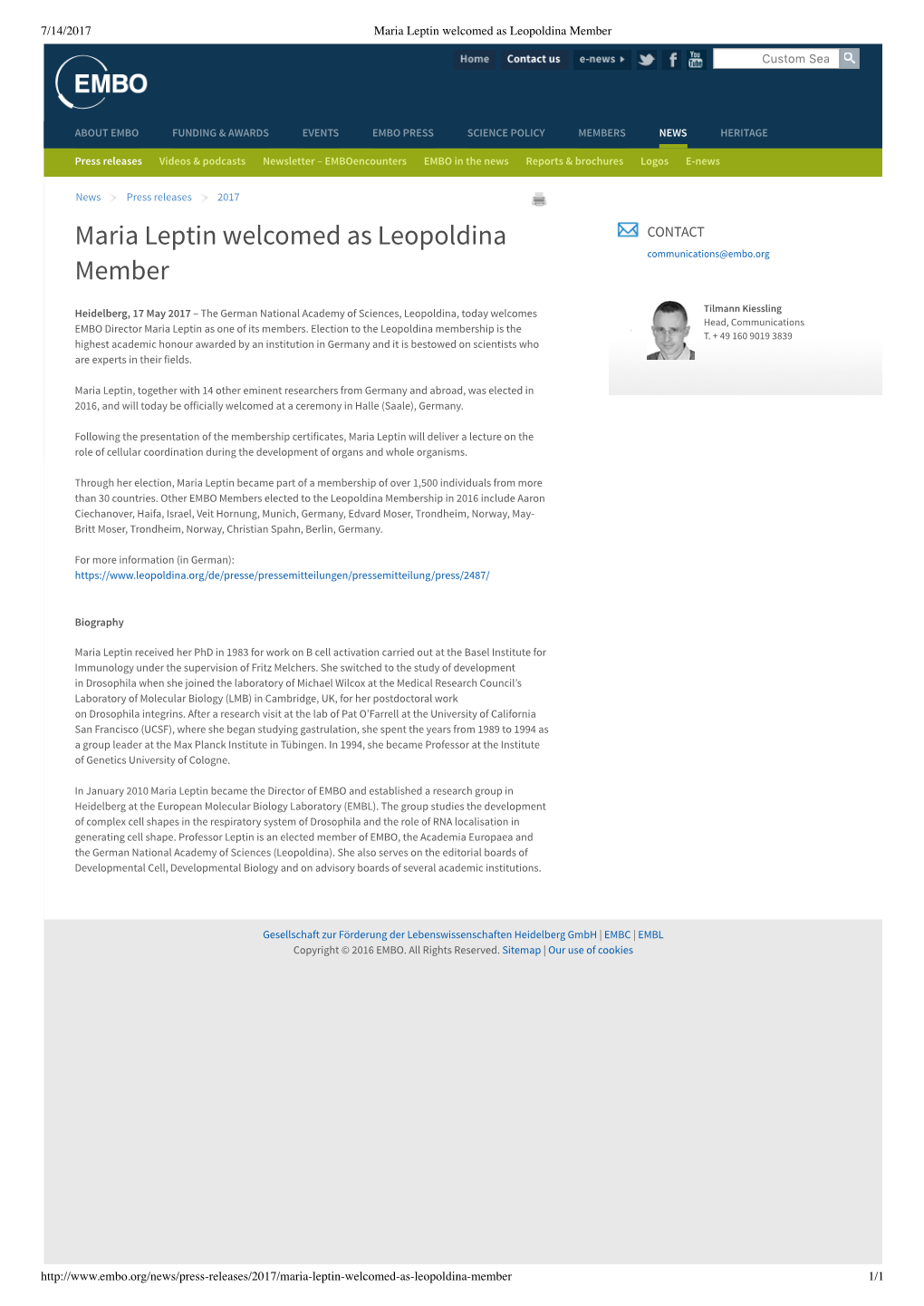 Maria Leptin Welcomed As Leopoldina Member