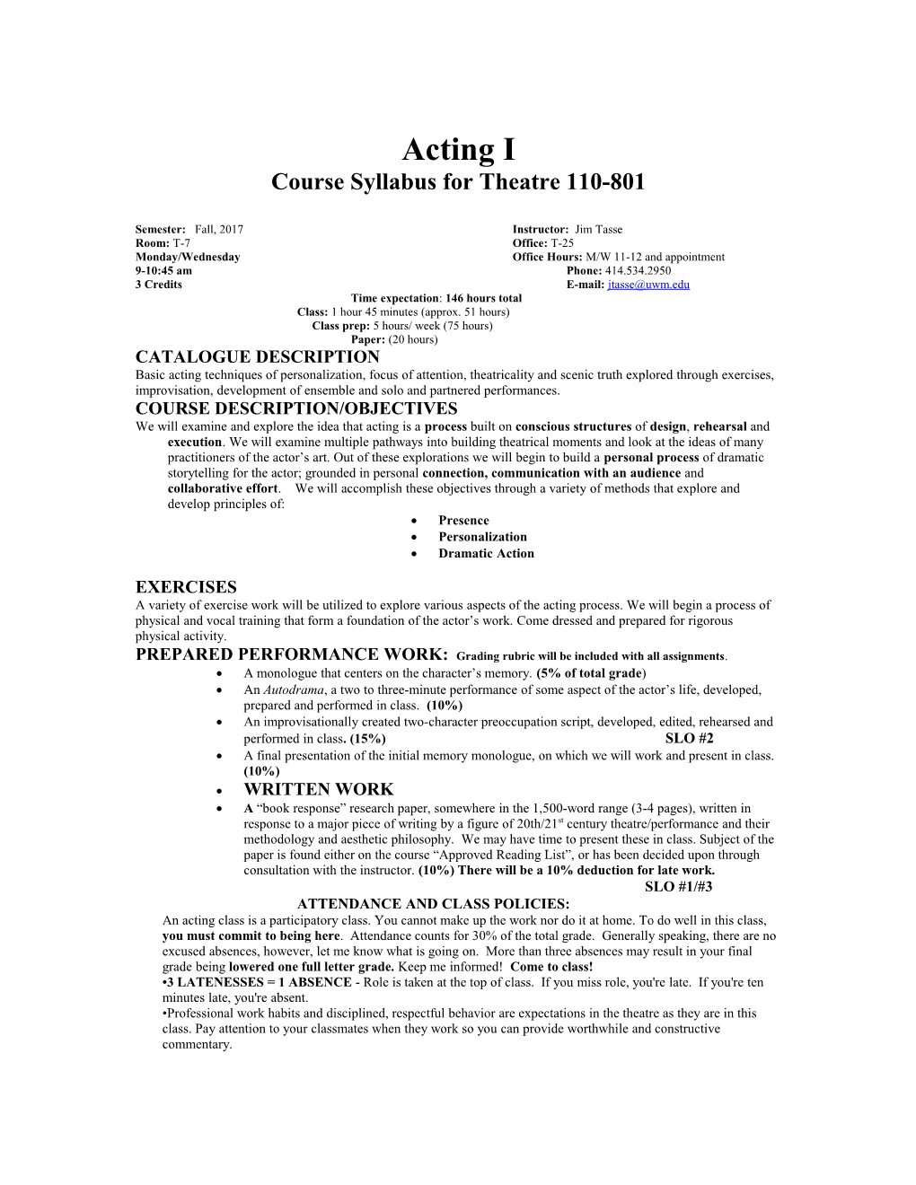 Course Syllabus for Theatre 110-801