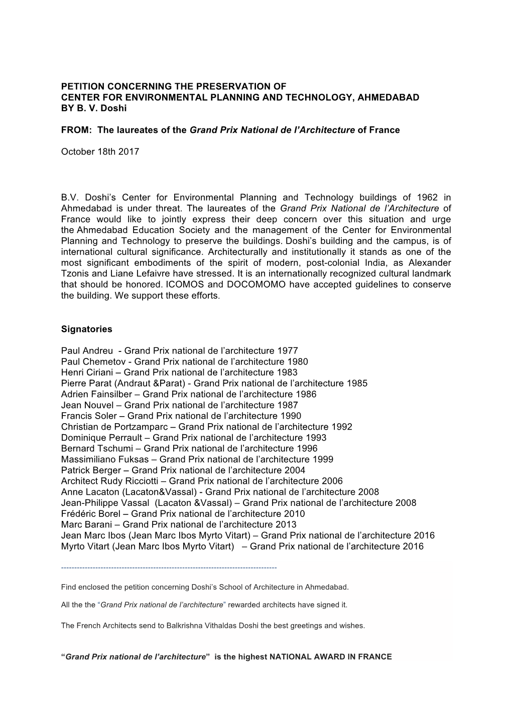 Petition Concerning the Preservation of Center for Environmental Planning and Technology, Ahmedabad by B