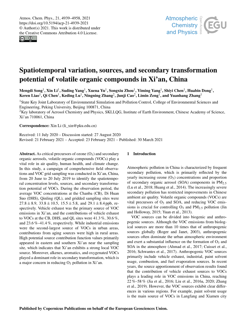 Spatiotemporal Variation, Sources, and Secondary Transformation Potential of Volatile Organic Compounds in Xi’An, China