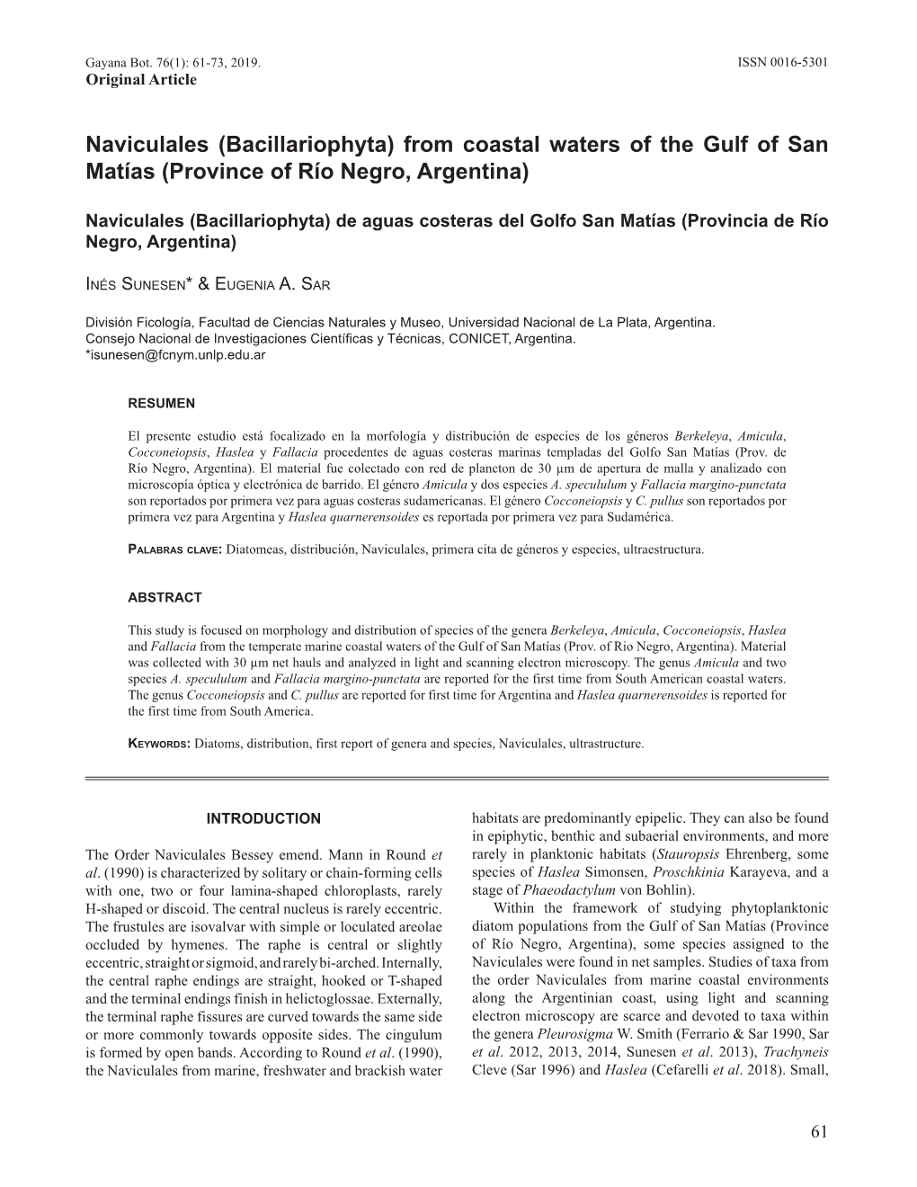 Naviculales (Bacillariophyta) from Coastal Waters of the Gulf of San Matías (Province of Río Negro, Argentina)