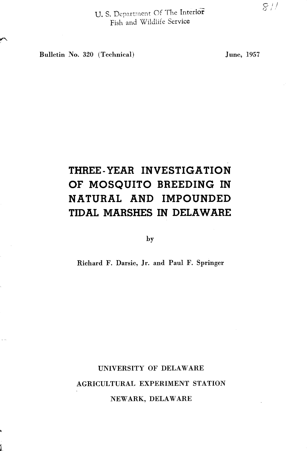 Three-Year Investigation of Mosquito Breeding in Natural and Impounded Tidal Marshes in Delaware