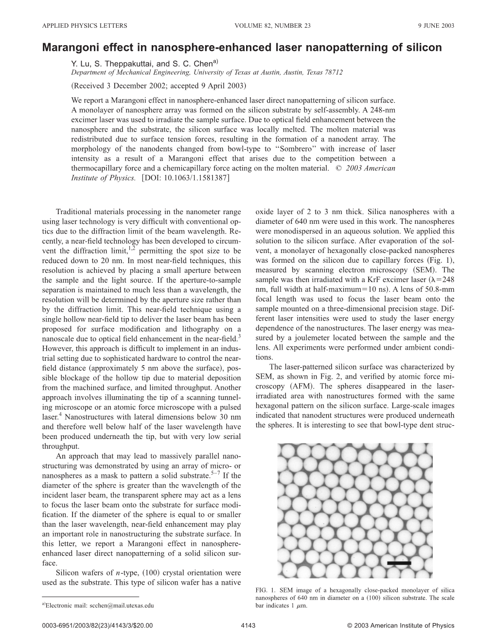 Marangoni Effect in Nanosphere-Enhanced Laser Nanopatterning of Silicon Y