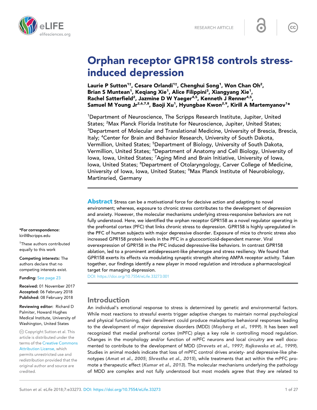Orphan Receptor GPR158 Controls Stress- Induced Depression