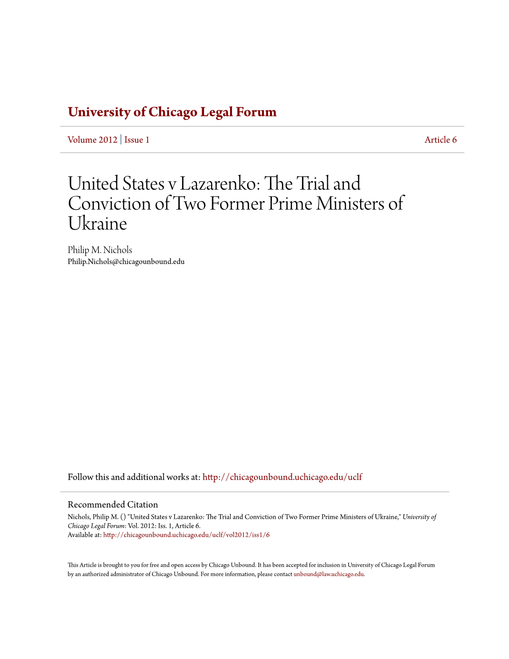 United States V Lazarenko: the Trial and Conviction of Two Former Prime Ministers of Ukraine