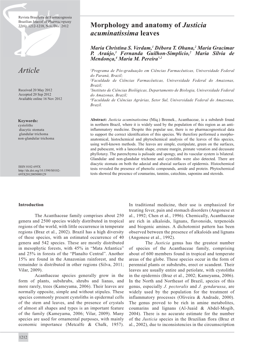 Morphology and Anatomy of Justicia Acuminatissima Leaves