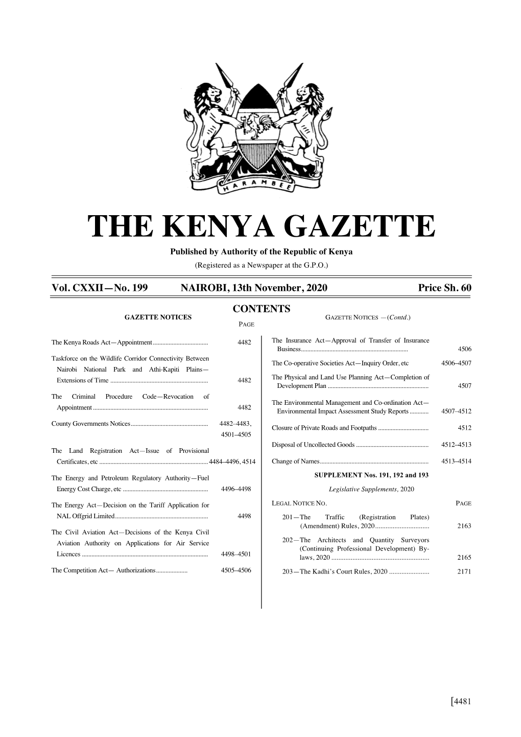 THE KENYA GAZETTE Published by Authority of the Republic of Kenya (Registered As a Newspaper at the G.P.O.)