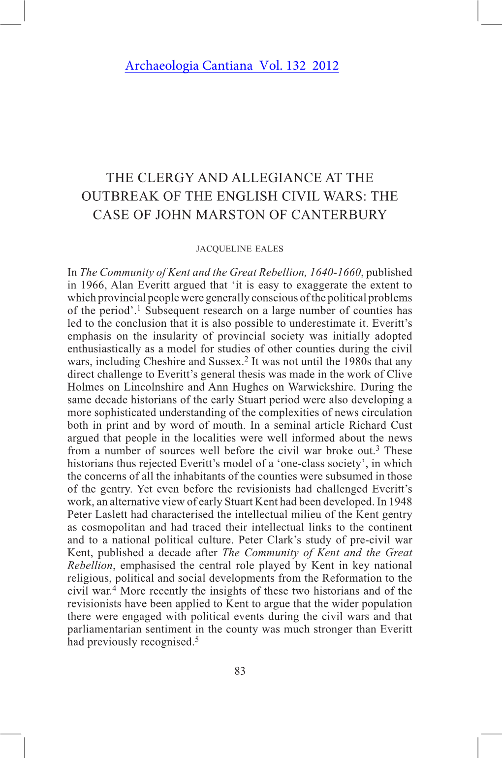 The Clergy and Allegiance at the Outbreak of the English Civil Wars: the Case of John Marston of Canterbury