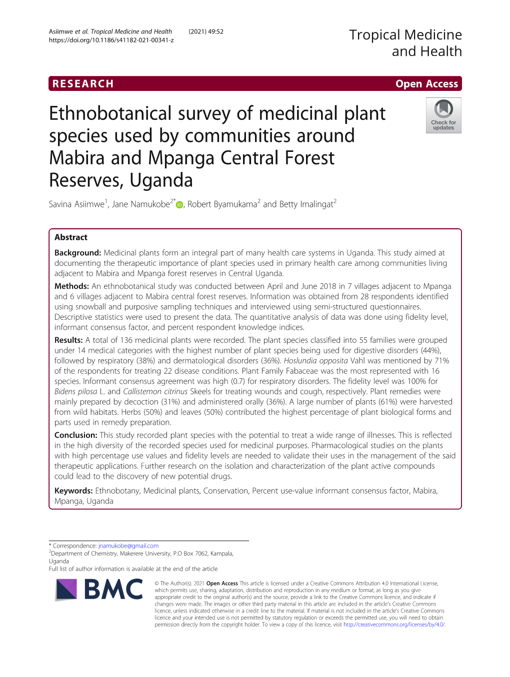 Ethnobotanical Survey of Medicinal Plant Species Used by Communities
