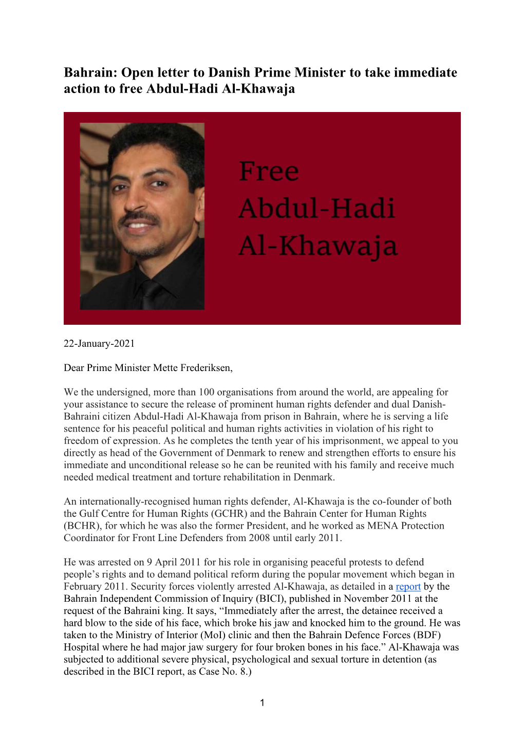 Bahrain: Open Letter to Danish Prime Minister to Take Immediate Action to Free Abdul-Hadi Al-Khawaja