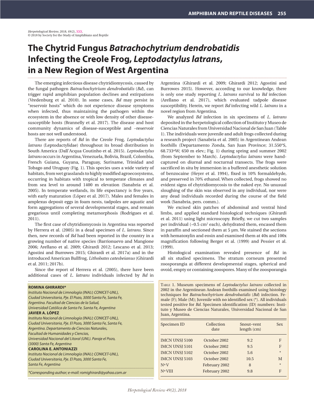 The Chytrid Fungus Batrachochytrium Dendrobatidis Infecting the Creole Frog, Leptodactylus Latrans, in a New Region of West Argentina