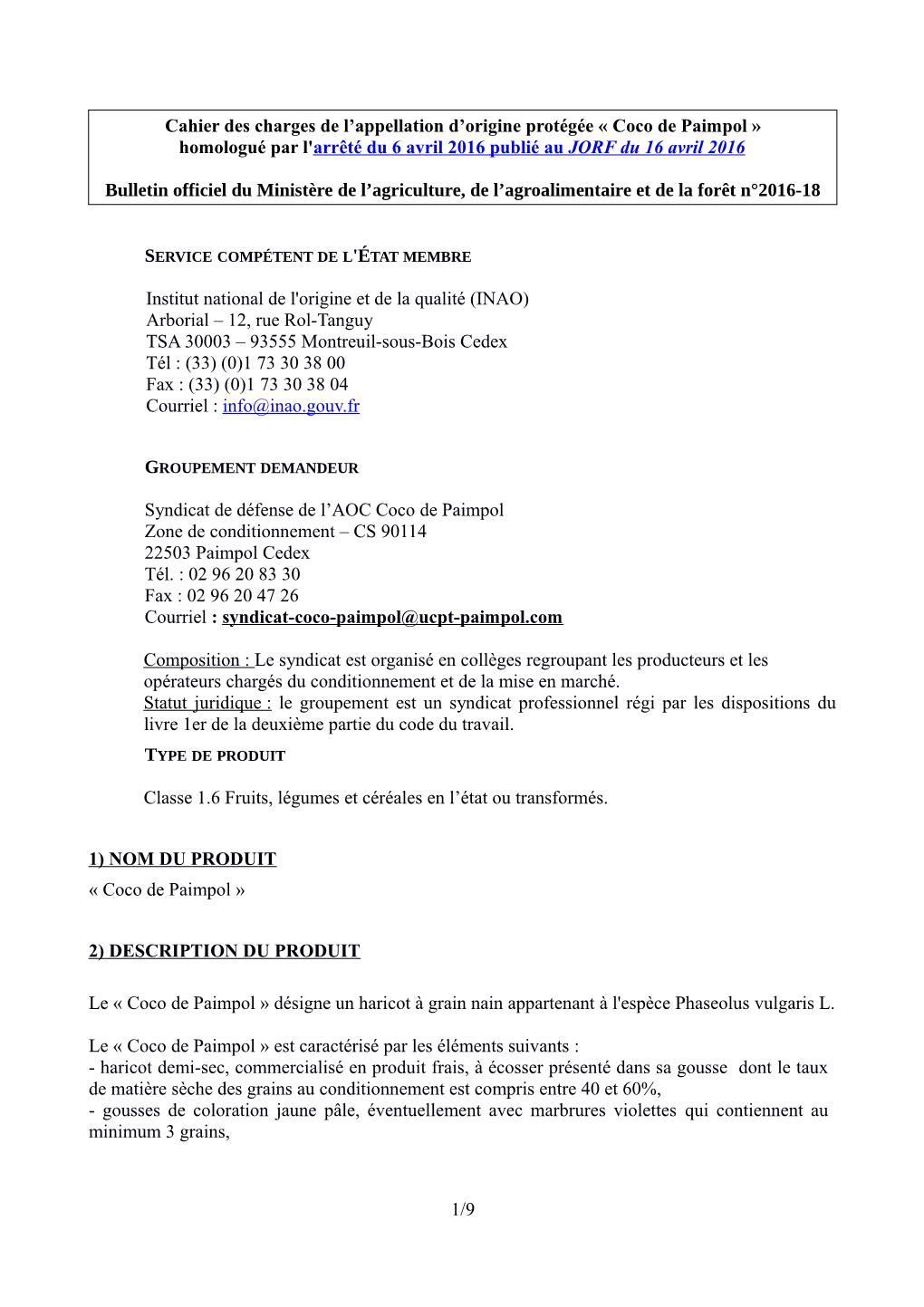 « Cahier Des Charges De L'appellation D'origine Protégée « Coco De Paimpol