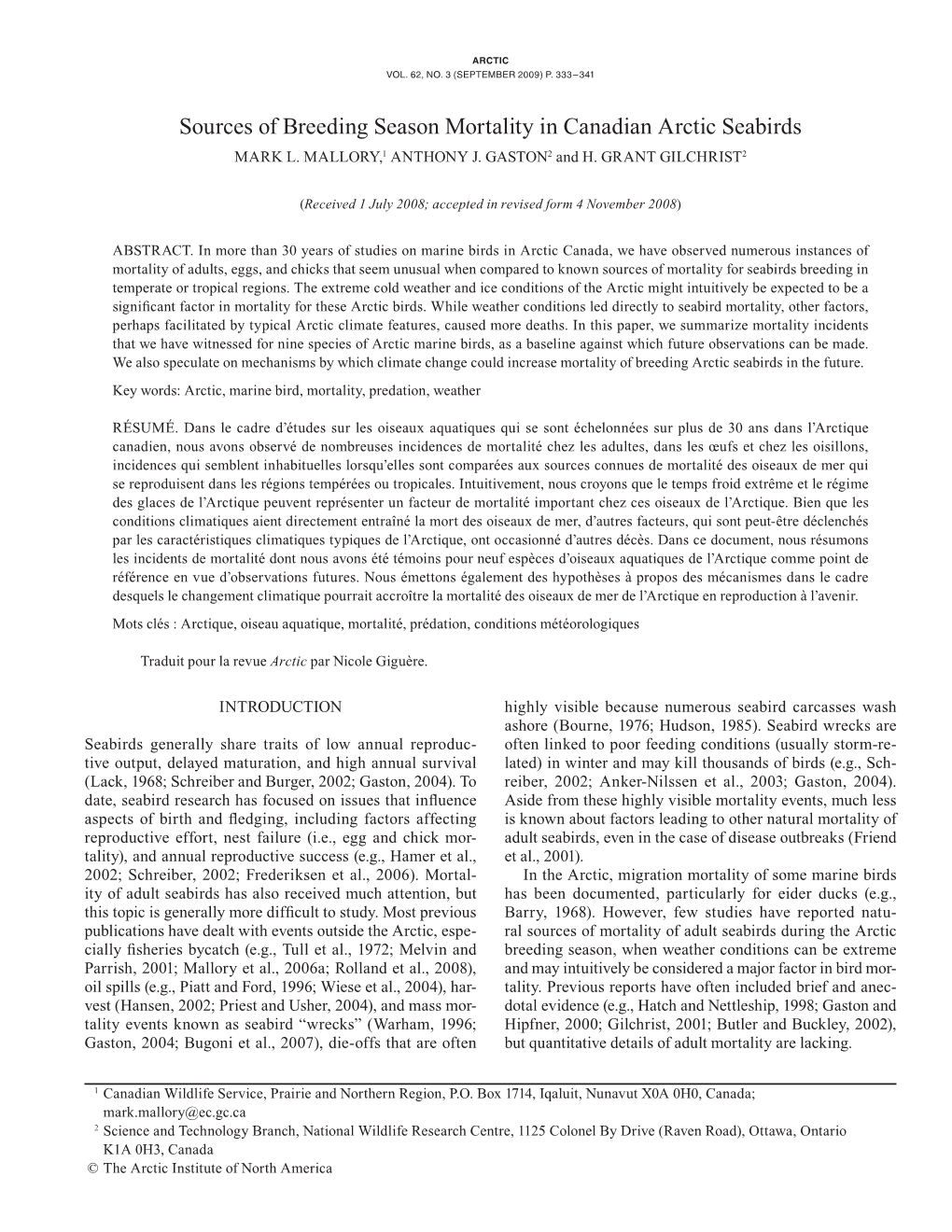 Sources of Breeding Season Mortality in Canadian Arctic Seabirds MARK L