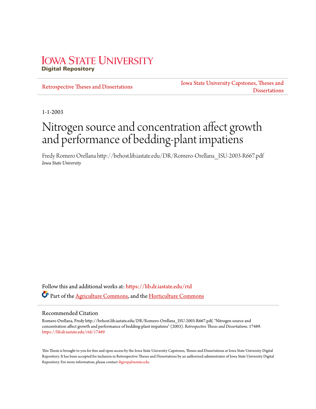 Nitrogen Source and Concentration Affect Growth and Performance Of