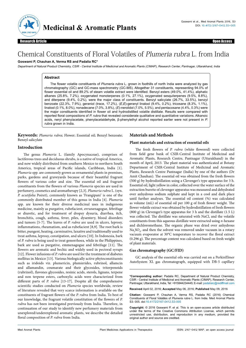 Chemical Constituents of Floral Volatiles of Plumeria Rubra L. From