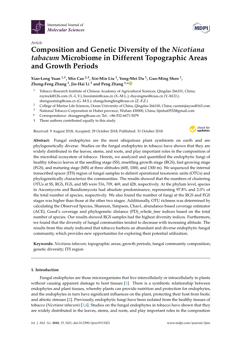 Composition and Genetic Diversity of the Nicotiana Tabacum Microbiome in Different Topographic Areas and Growth Periods