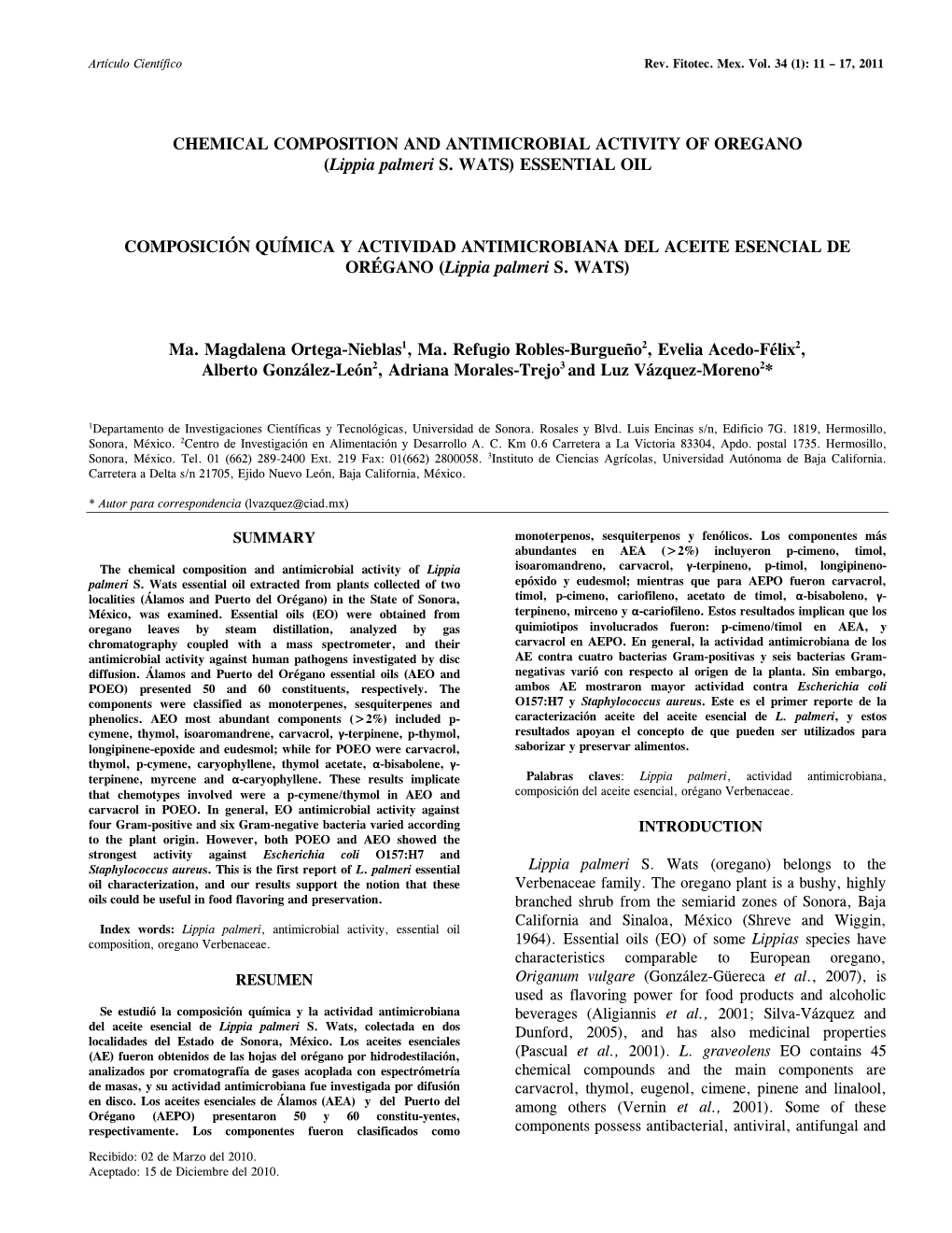 CHEMICAL COMPOSITION and ANTIMICROBIAL ACTIVITY of OREGANO (Lippia Palmeri S