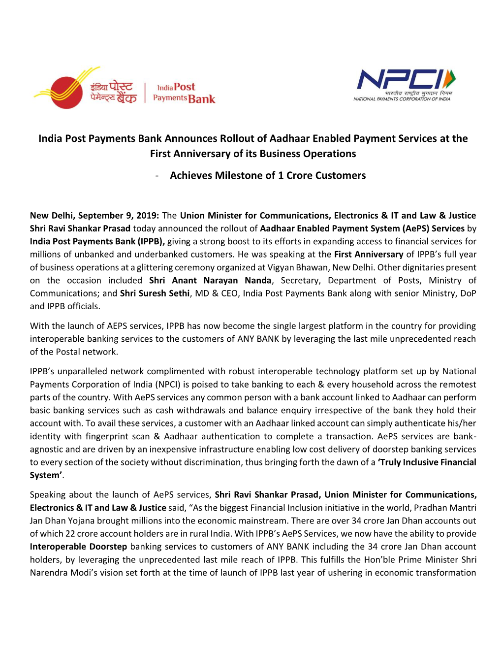 India Post Payments Bank Announces Rollout of Aadhaar Enabled Payment Services at the First Anniversary of Its Business Operatio
