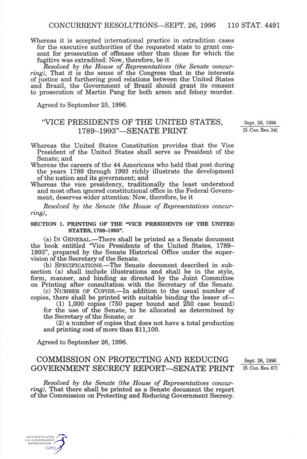 1789-1993"—SENATE PRINT [S.Con.Res.34] COMMISSION on PROTECTING and REDUCING Sept. 26, I996 GOVERNMENT SECRECY REPORT—S