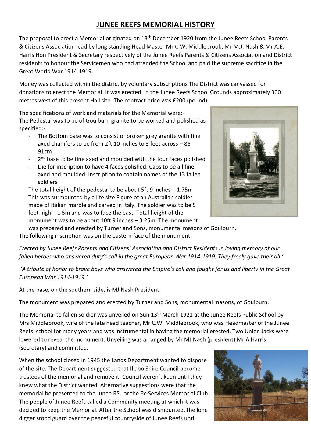 Junee Reefs Memorial History