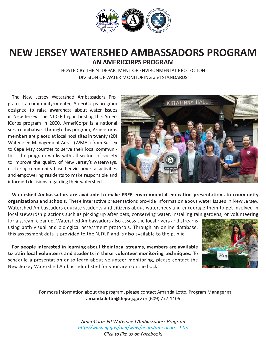 NEW JERSEY WATERSHED AMBASSADORS PROGRAM an AMERICORPS PROGRAM HOSTED by the NJ DEPARTMENT of ENVIRONMENTAL PROTECTION DIVISION of WATER MONITORING and STANDARDS