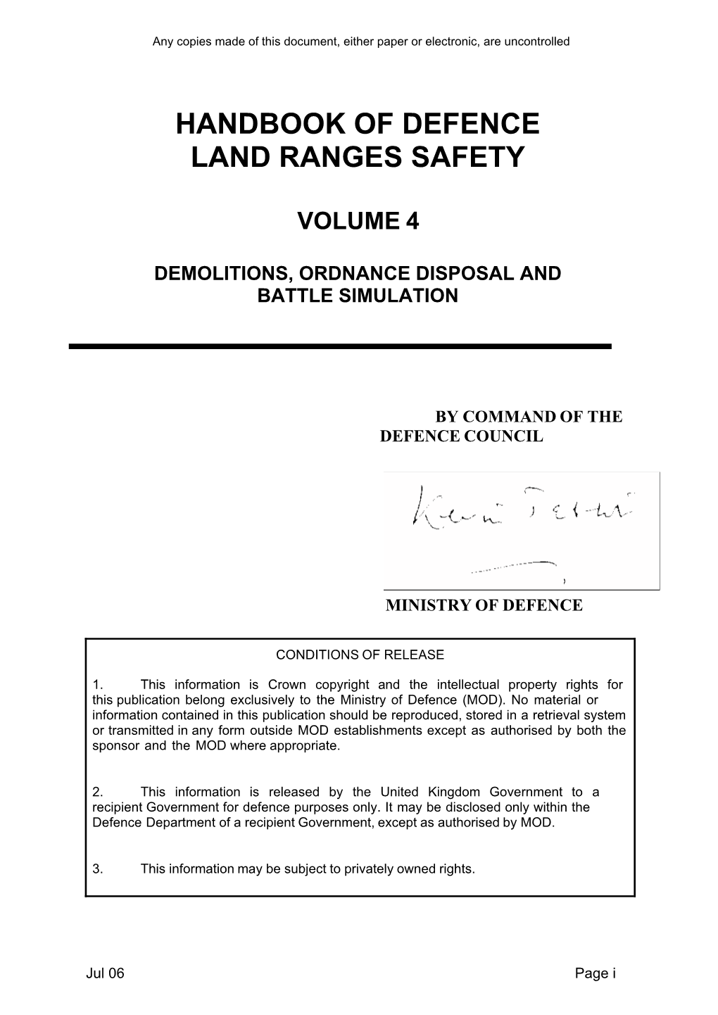 Handbook of Defence Land Ranges Safety Volume 4