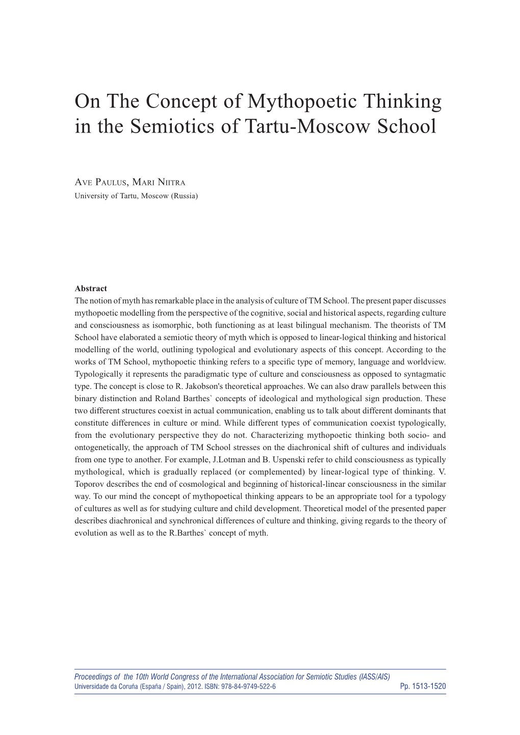 On the Concept of Mythopoetic Thinking in the Semiotics of Tartu-Moscow School