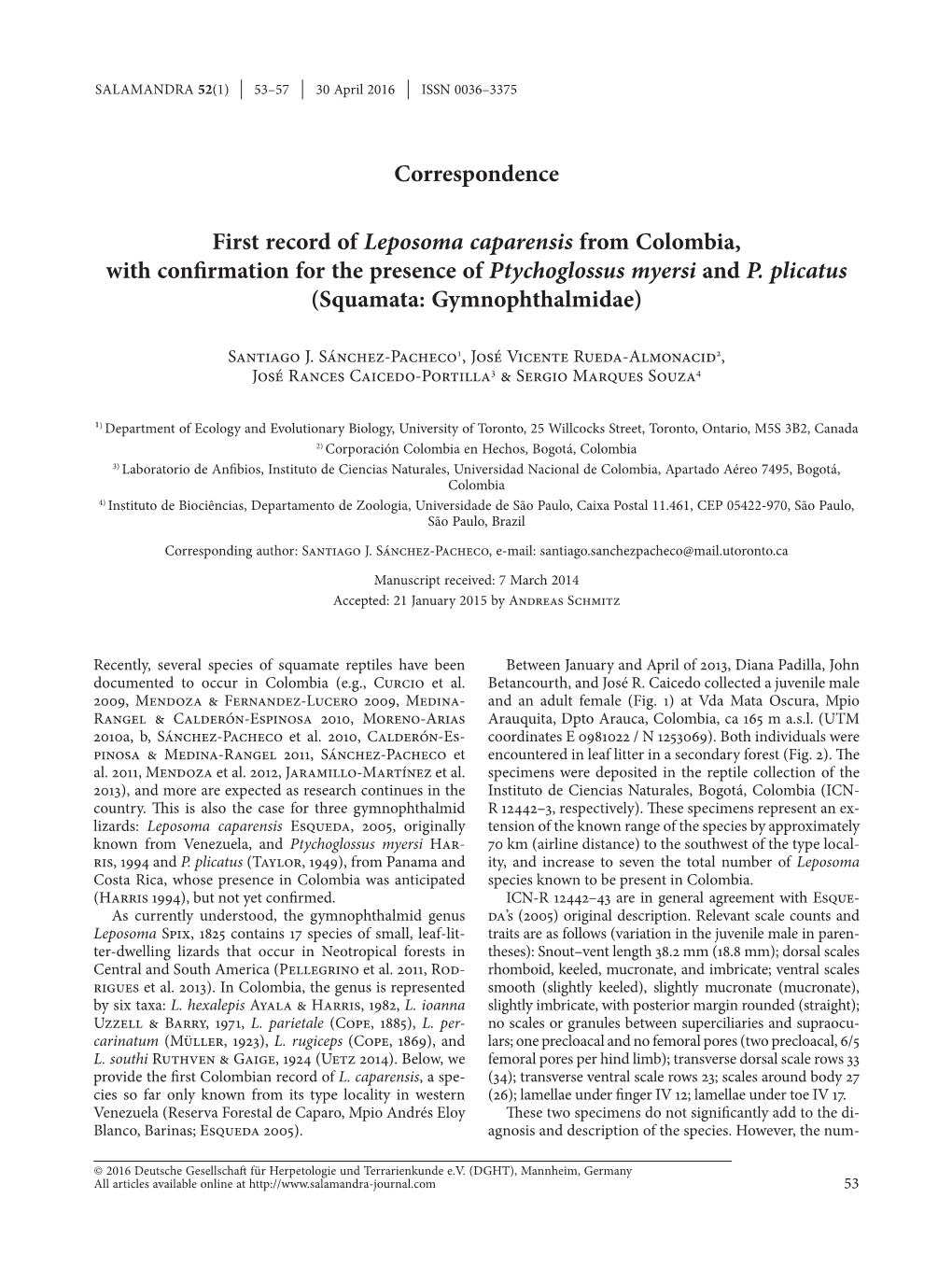 First Record of Leposoma Caparensis from Colombia, with Confirmation for the Presence of Ptychoglossus Myersi and P. Plicatus (Squamata: Gymnophthalmidae)