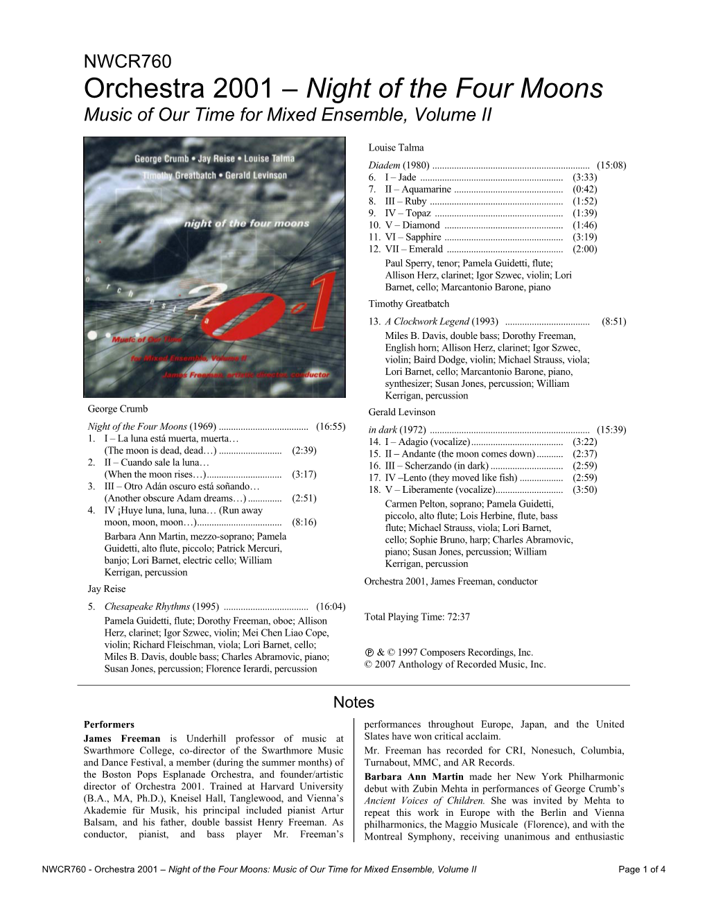 Orchestra 2001 – Night of the Four Moons Music of Our Time for Mixed Ensemble, Volume II