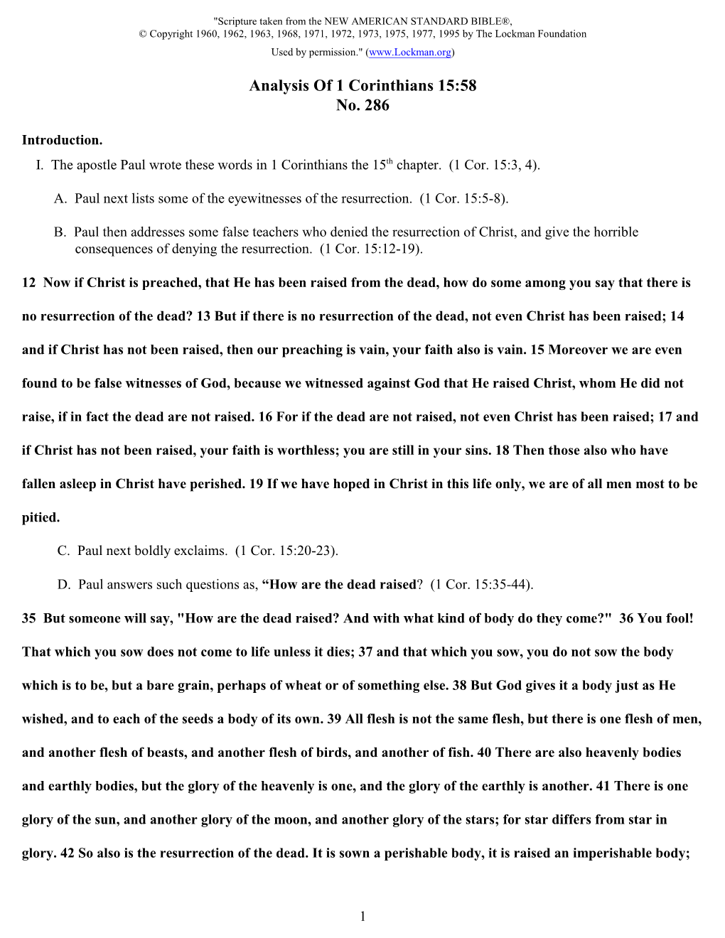 Analysis of 1 Corinthians 15:58 No. 286