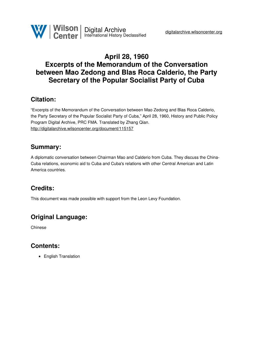 April 28, 1960 Excerpts of the Memorandum of the Conversation Between Mao Zedong and Blas Roca Calderio, the Party Secretary of the Popular Socialist Party of Cuba