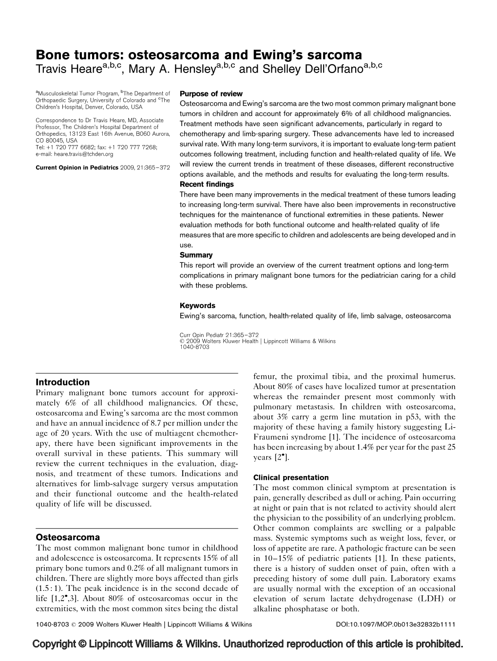 Bone Tumors: Osteosarcoma and Ewing's Sarcoma