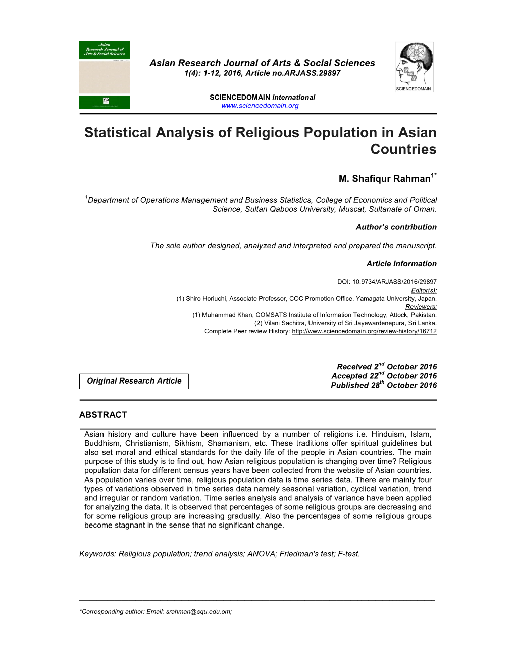 Statistical Analysis of Religious Population in Asian Countries