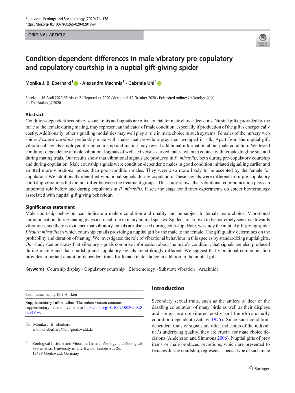 Condition-Dependent Differences in Male Vibratory Pre-Copulatory and Copulatory Courtship in a Nuptial Gift-Giving Spider