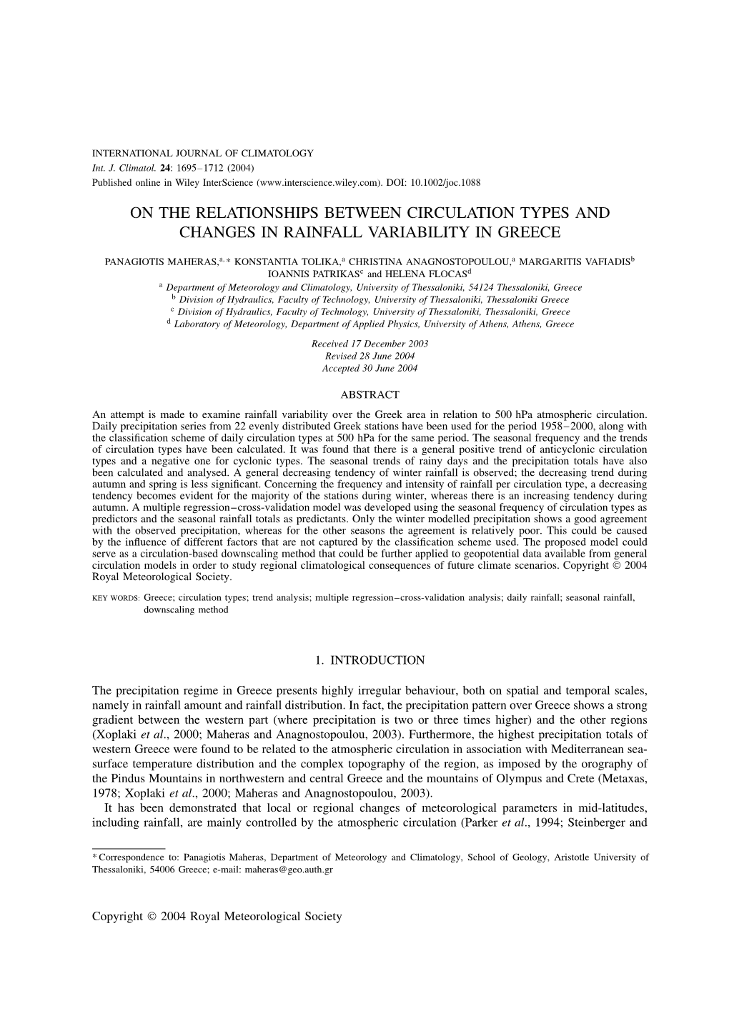 On the Relationships Between Circulation Types and Changes in Rainfall Variability in Greece