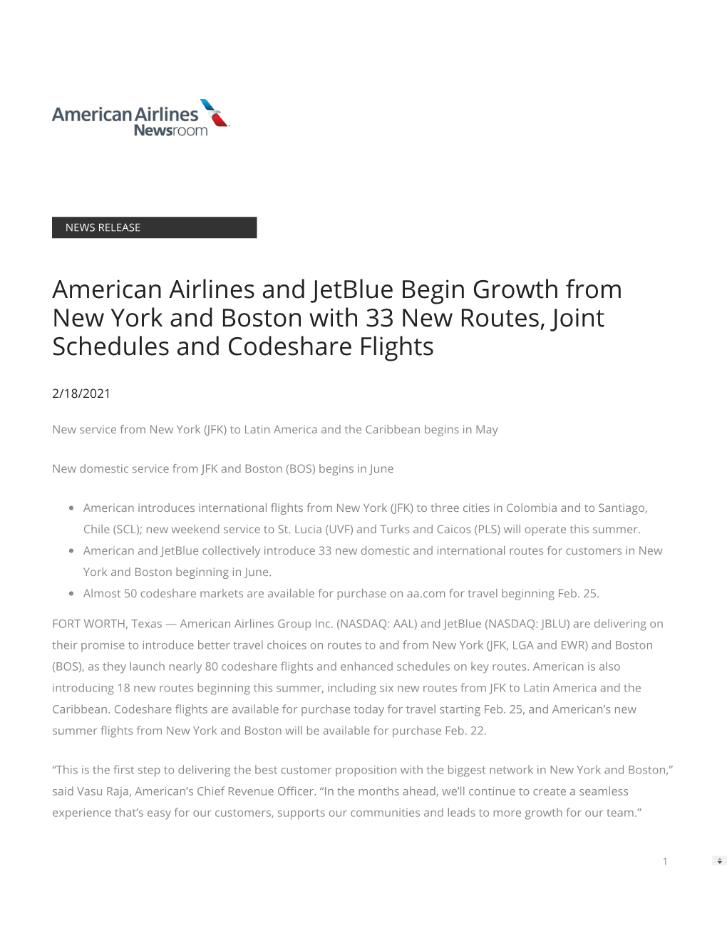 American Airlines and Jetblue Begin Growth from New York and Boston with 33 New Routes, Joint Schedules and Codeshare Flights